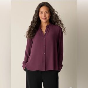 Eileen Fisher Mandarin Collar Silk Shirt in Wine Size L. NWT